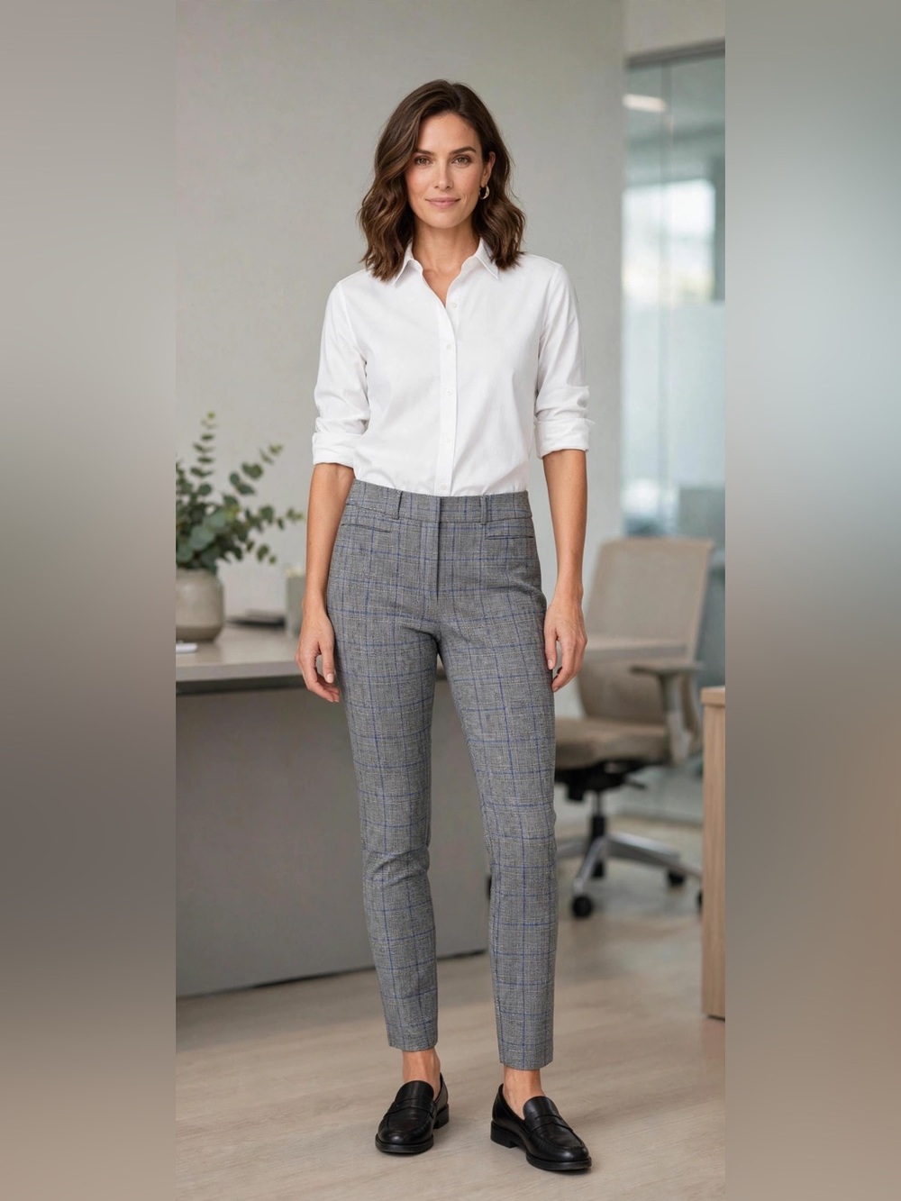 LOFT Gray Plaid Straight-Leg Pants with Blue Windowpane